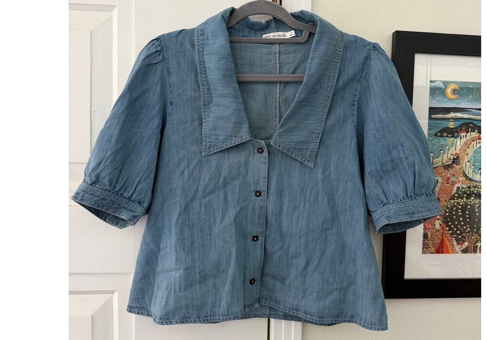 Avec Les Filles Sailor collar puff sleeve button up shirt / denim wash sz small